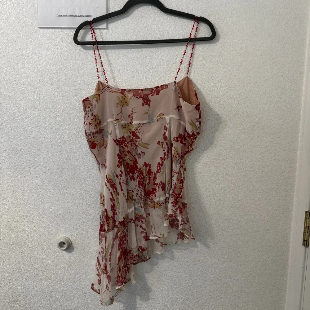 ICE Silk Top L Floral Asymmetrical Ruffle Cami Pink Red Beaded Fairy Ethereal - Picture 3 of 4
